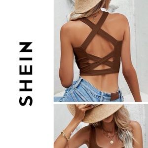 ⬇️ NWOT SHEIN Frenchy Criss Cross Backless Crop Tank Top Size Medium Brown